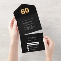 60th birthday black gold rsvp all in one invitation