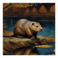 Beaver at night by Van Gogh AI Generated  Poster