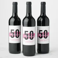 Elegant Pink 50 and Fabulous Watercolor Birthday Wine Label