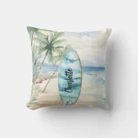 Surboard beach palm trees name outdoor pillow