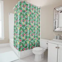 Tropical Flowers and Green Leaf Pattern Blue Shower Curtain