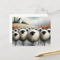 Adorable Sheep Poppy Field and a House Postcard