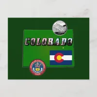 Colorado Picture Text, Flag, Seal, Quarter, Map Postcard