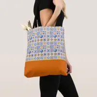 Summer Blue White Yellow Tiles Pattern Color Block Tote Bag