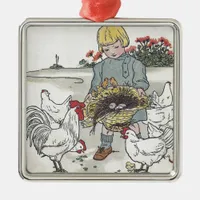 Vintage Girl With Chickens, E is an Egg Metal Ornament