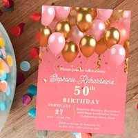 Stylish Chic Pink and Gold Balloons 50th Birthday Invitation