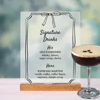 Elegant Bow Signature Drinks Wedding Bar Menu Acrylic Sign
