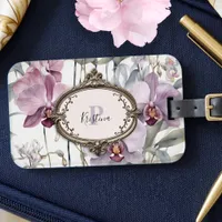 Watercolor Orchid Vintage Bronze Frame Monogram Luggage Tag