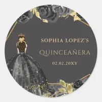 Elegant Black Gold Floral Princess Quinceanera  Classic Round Sticker