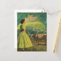 Surreal Lime Desert Dairy Pasture Woman and Cow Postcard