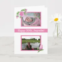 Pink Watercolor Birthday Now and Then Photos Card