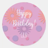 Happy Birthday Flowers & Polka Dots Classic Round Sticker