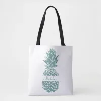 Girly Trendy Teal Glitter Pineapple Name Tote Bag