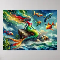 Mermaid Sits on Rock Surrounded by Whimsical 16x12 Poster