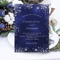 Navy blue silver glitter dust wedding invitation