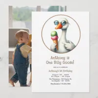 Cute Funny One Silly Goose First Birthday Photo Invitation