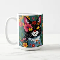 Black and White Folk Art Cat and Flowers Whimsical Coffee Mug