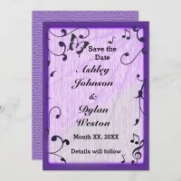 Music Butterfly Leaves Blue & Purple Wood Wedding Save The Date