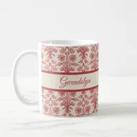 Red and Ivory Floral Toille Pattern with Name Coffee Mug