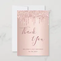 21st birthday 21 rose gold glitter drips glamorous thank you card