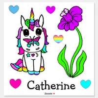 Rainbow Unicorn, Flowers and Name Sticker