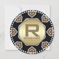 Aztec Hearts Gold Black Dinner Party round invites