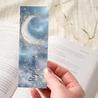 Pearl White Crescent Moon Stars Glitter Bookmarks