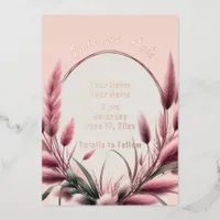 Coral Blush Pampas Coastal Beach Foil Invitation