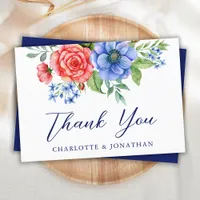 Red White Blue Floral 4th July Patriotic Wedding Thank You Card