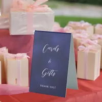 Navy blue script cards gifts sign