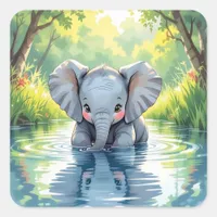 Adorable Baby Elephant and Reflection Square Sticker