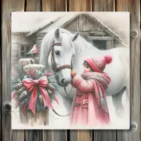 Little Girl and her Horse Rustic Christmas Metal Print