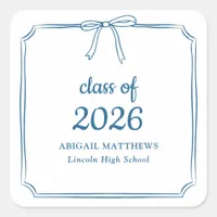 Elegant Whimsical Bow Blue Custom Graduation Favor Square Sticker