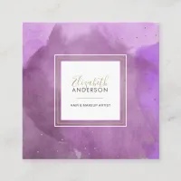 Abstract Watercolors Purple and Gold Makeup Artist Square Business Card