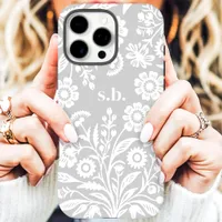 Retro Wildflower Gray Floral Monogram iPhone 16 Pro Max Case