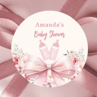 Bow pink florals bottles Baby Shower Classic Round Sticker