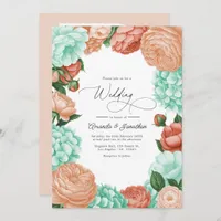 Soft Mint, Apricot & Warm Coral Floral Wedding Invitation
