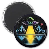 Retro UFO in the Mountains Reflecting in the Water