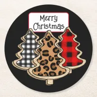 Buffalo Plaid, Red Gingham Christmas Trees    Round Paper Coaster