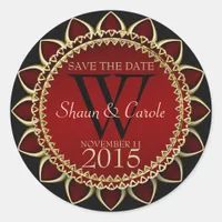 Red Gold Sunflower Monogram Save the Date Sticker