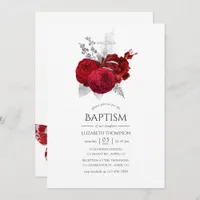 Red and Silver Vintage Rose Baptism Invitation