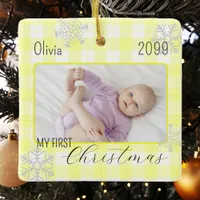 Baby girl yellow plaid snowflake first Christmas Ceramic Ornament