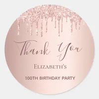 100th Birthday rose gold blush glitter Thank You Classic Round Sticker