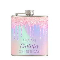 Birthday pink glitter drips name holographic flask