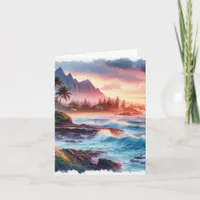 Tropical Island Watercolor Coastal Seascape Blank Note Card