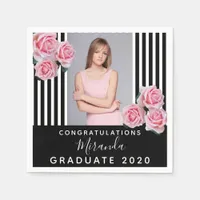 Black white stripes floral photo graduate 2024 napkins