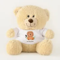 Cute lion in the grass with ladybug, personalized teddy bear