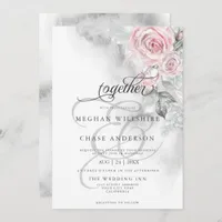 Elegant Grey Watercolor Pink Roses  BarefootBride™ Invitation