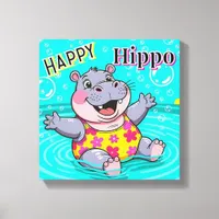 Happy Hippo | Cute Cartoon Kid's Nursery Art Canvas Print