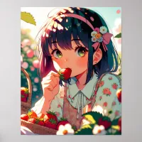 Cute Anime Girl Eating Strawberries | Summer Day Poster